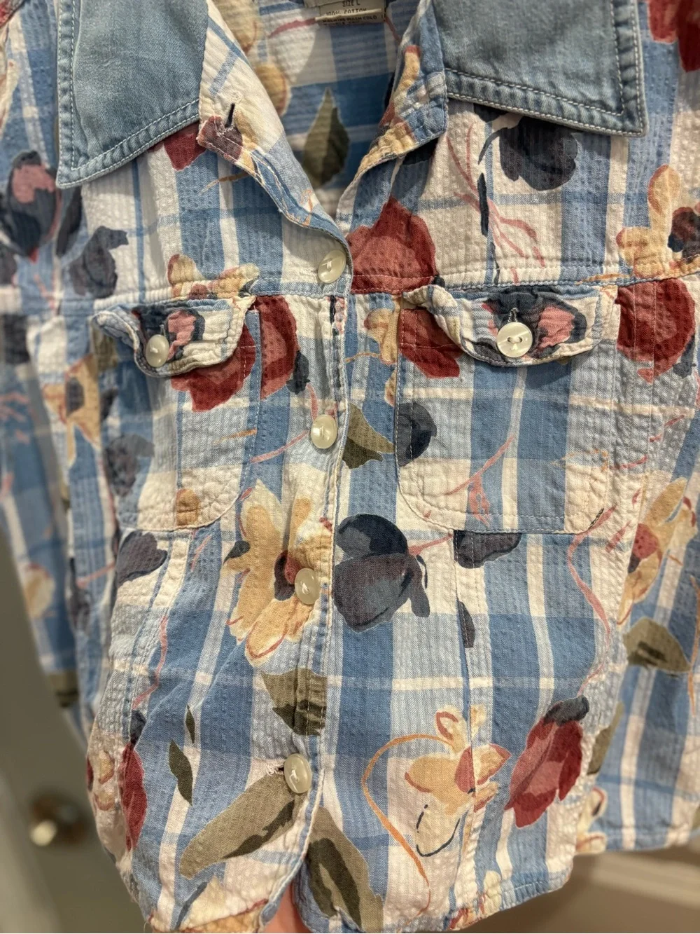 Vintage 90s Cropped Gingham Floral Patchwork Vest Retro Denim Women’s L - Picture 5 of 8
